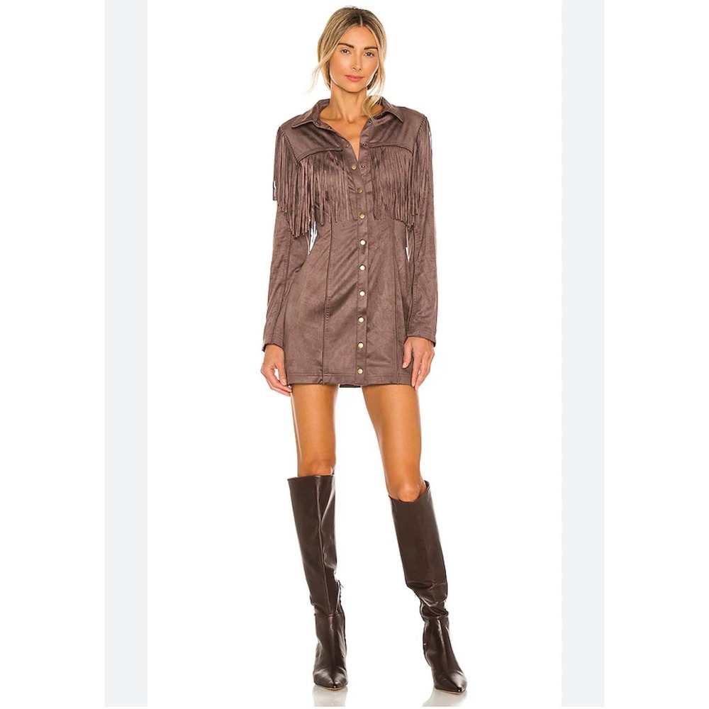 Tularosa Hazel Vegan Suede‎ Fringe Dress Java Brown Size L Western Boho Revolve